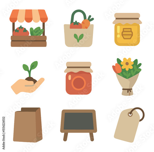Farmers Market Icons. Flat icon set of farmers market: produce stand, reusable bag, honey jar, price tag,