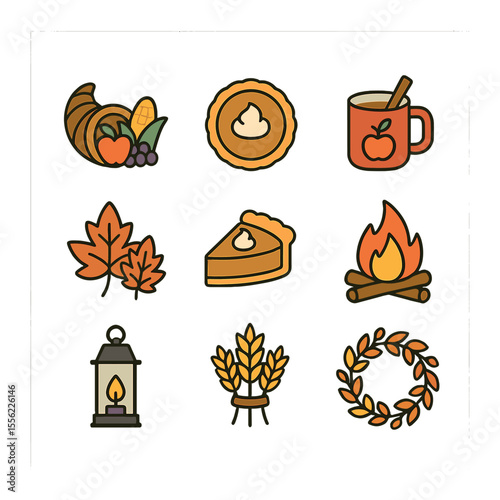 Harvest Celebration Icons. Flat icon set of harvest celebration: cornucopia, pumpkin pie, apple cider mug,