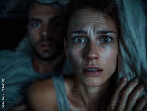 Night Terror: A woman's face, etched with fear and wide eyes, dominates the frame as she clutches a man in the background, both shrouded in darkness and the implication of a shared nightmare. 