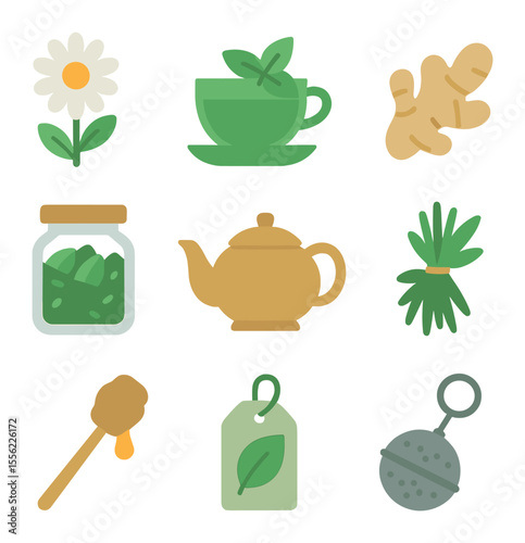 Herbal Tea Icon Set. Flat icon set of herbal teas and infusions: chamomile flower, mint tea cup, ginger root,