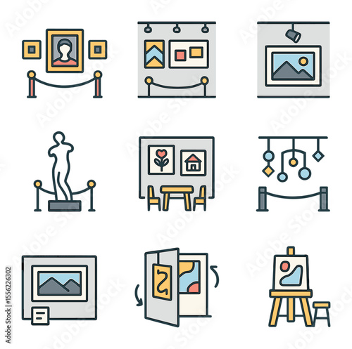 Museum Icon Grid. Flat icon set of museum gallery types: classical art gallery, contemporary hall, photography