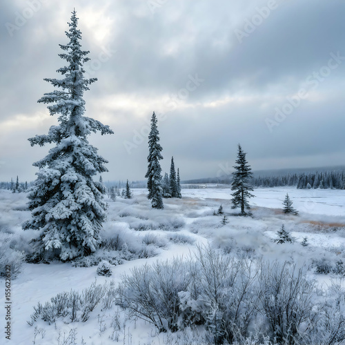 Frozen tundra with snow-covered trees stretching into a white wilderness under a pale winter sky
