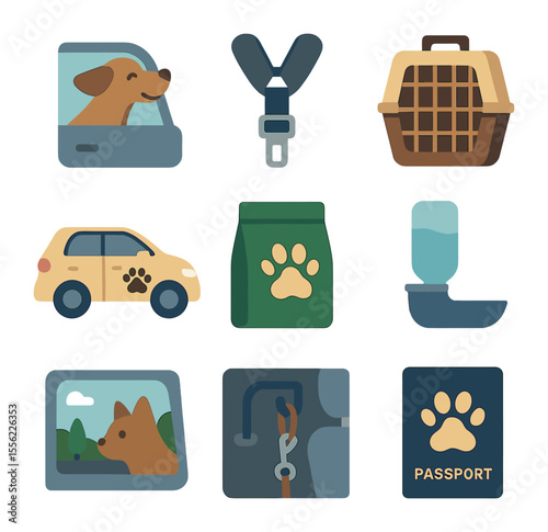 Pet Travel Icon Set. Flat icon set of pets on road trips: dog with head out car window, pet seatbelt harness,