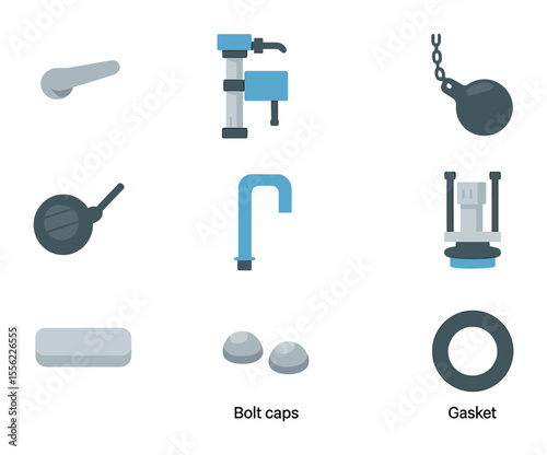 Toilet Parts Icons. Flat icon set of toilet components: flush handle, fill valve, flapper, float ball,