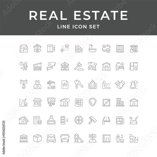 Real Estate Line Icon Set – Property, House, Building, Rent, Sale, Agent, Home, Minimal Vector Collection