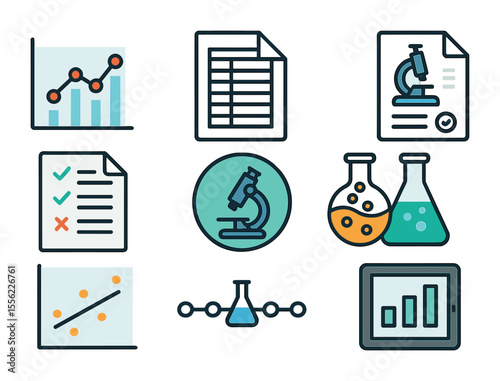 Modern Experiment Icons. Flat icon set of experiment results and data: graph chart, data sheet, lab report,