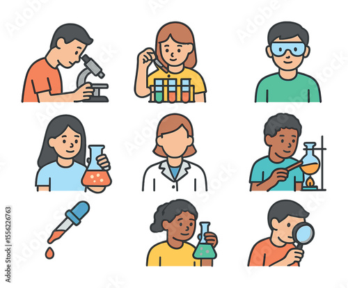 Science Experiment Icons. Flat icon set of students participating in hands-on experiments: microscope, test