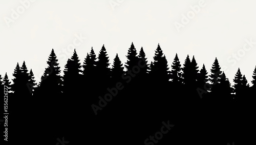 Black silhouette of coniferous forest on white background

