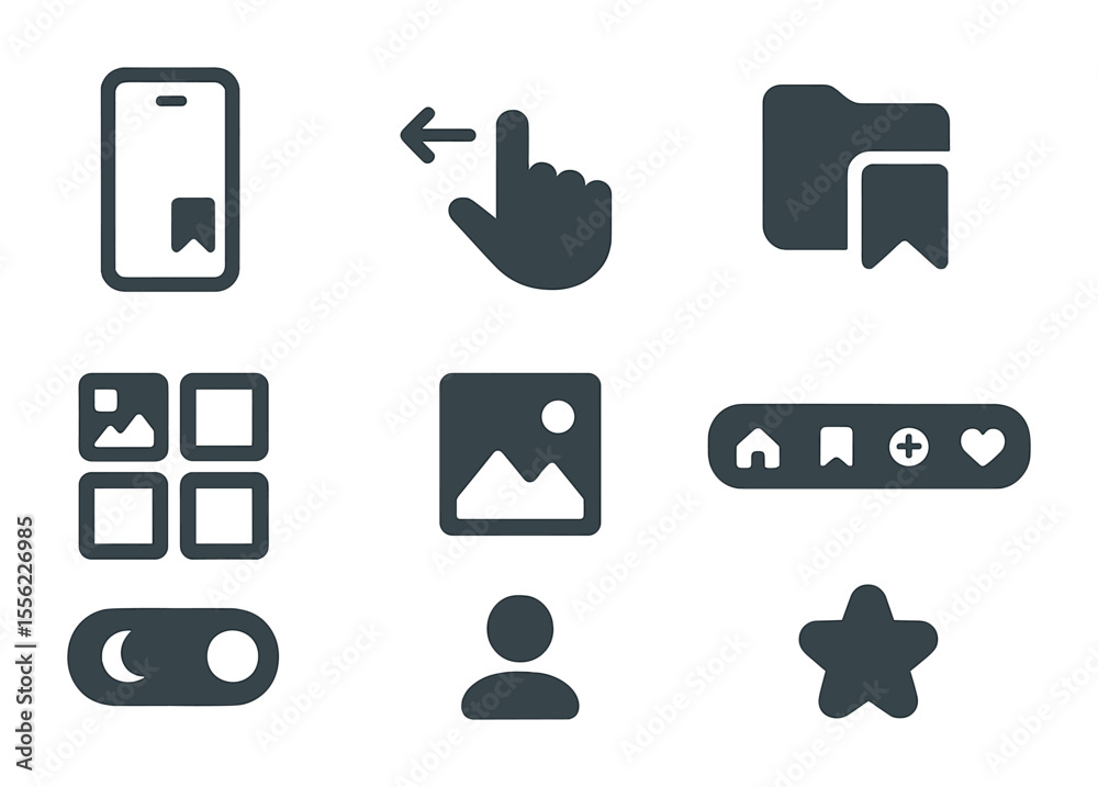 Fototapeta premium Mobile UI Icon Set. Flat icon set of mobile saved posts UI: mobile screen, swipe gesture, folder preview, grid