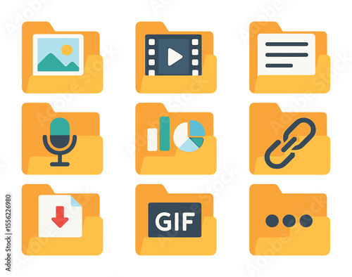 File Icon Grid. Flat icon set of file and media types in folders: image file, video clip, text post, voice