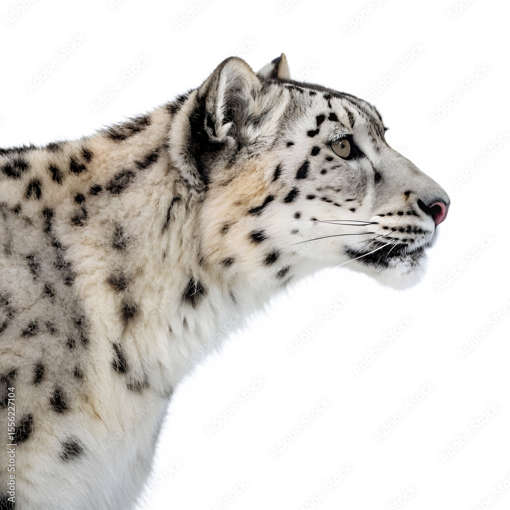 Naklejka premium A majestic snow leopards profile is captured in a stunning closeup shot, its fur detailed against a pristine white background, isolated on transparent background