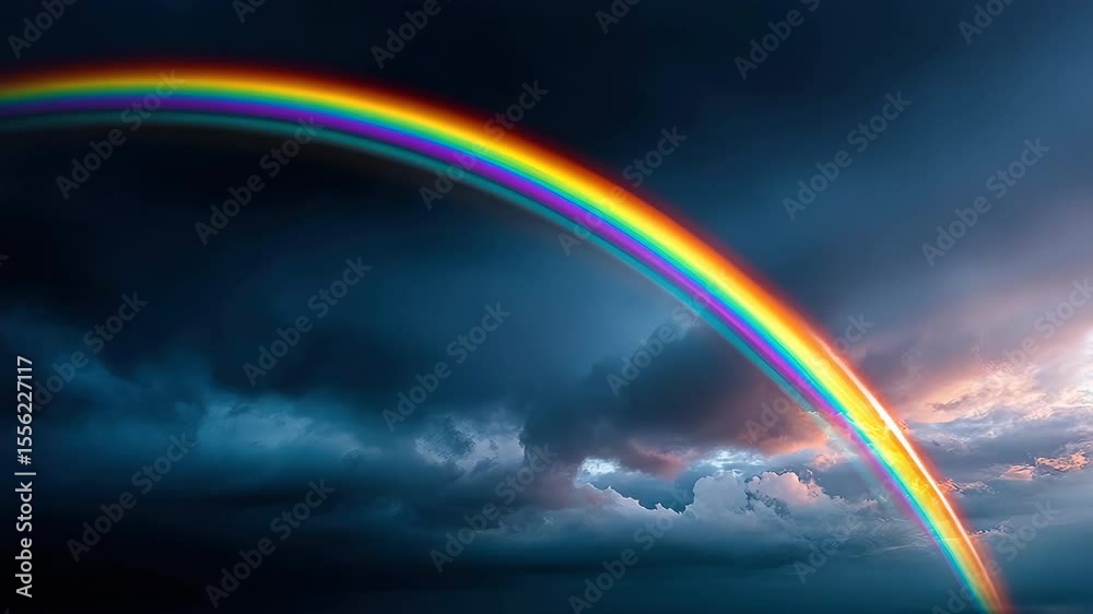 Vivid rainbow arching across dramatic dark sky with storm clouds and sunlight breaking through, creating sense of hope and wonder nature beauty, while colorful rainbow arcs across dramatic dark storm
