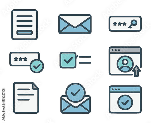 Sign-Up Icon Set. Flat icon set of sign-up process: sign-up form, email input, password creation, confirm