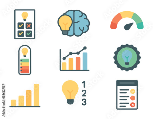 Creative Measurement Icons. Flat icon set of measuring creative output: creativity test sheet, brain scan