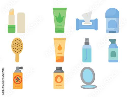 Personal Care Icons. Flat icon set of personal care items: lip balm, aloe vera gel, wet wipes, deodorant,