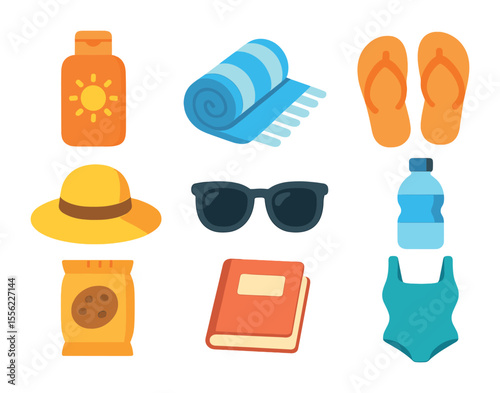 Beach Essentials Icons. Flat icon set of packing a beach bag: sunscreen bottle, beach towel, flip flops, sun