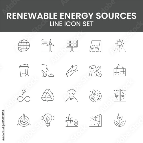 Renewable Energy Sources Line Icon Set – Solar, Wind, Hydro, Biomass, Green, Power, Eco, Minimal Vector Collection