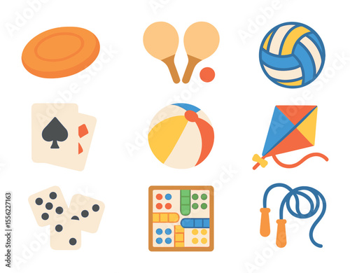 Beach Game Icons. Flat icon set of items for beach games: frisbee, paddle ball, beach volleyball, playing