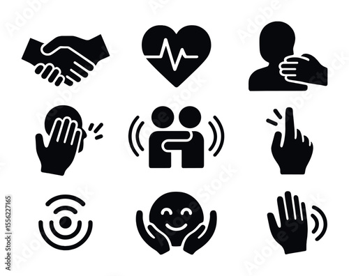 Haptic Icons Grid. Flat icon set of emotional haptic cues: hand squeeze icon, heartbeat pulse, comfort touch,