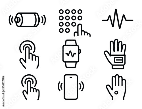 Haptic Communication Icons. Flat icon set of haptic communication: vibration motor, tactile pattern, pulse