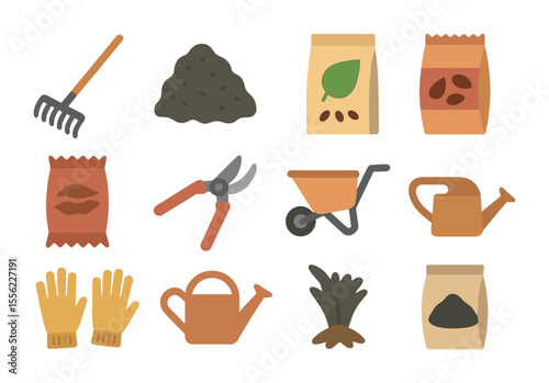 Autumn Garden Tools. Flat icon set of autumn garden care and planting: rake, compost pile, seed packet, mulch