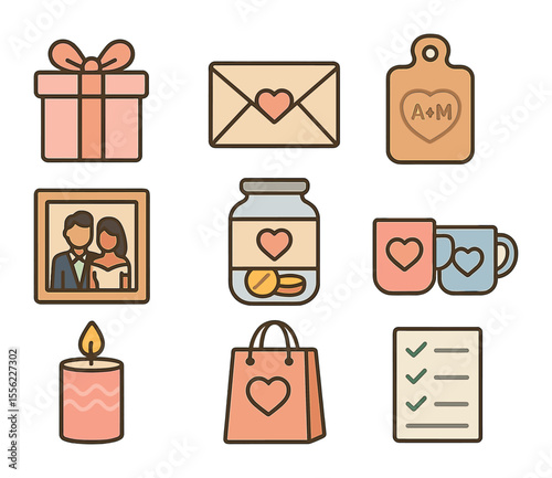 Wedding Gift Icons. Flat icon set of wedding gifts: gift box with ribbon, wedding envelope, personalized
