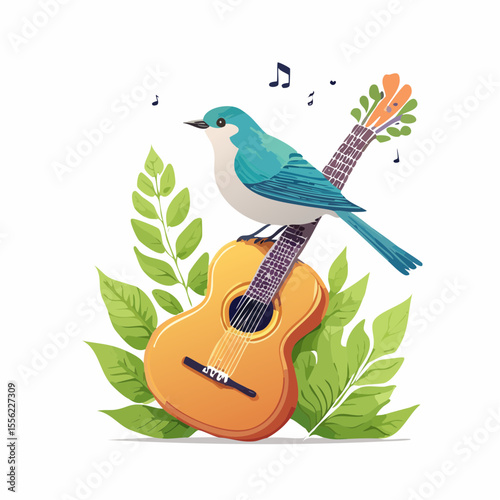 A charming musical design features a bird perched on a guitar, surrounded by leaves and musical notes creating a whimsical, nature-themed graphic.