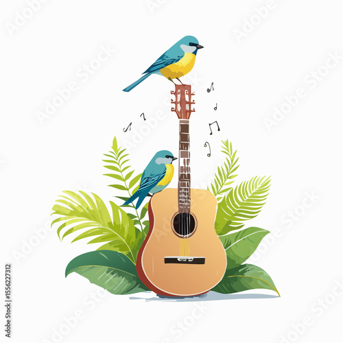 Blue birds sing a song near guitar surrounded by tropical foliage, creating a whimsical and musical nature scene suitable for creative designs.