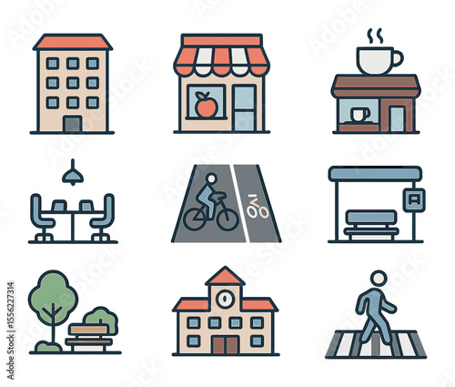 Mixed-Use Neighborhood Icons. Flat icon set of mixed-use neighborhoods: apartment building, grocery store,