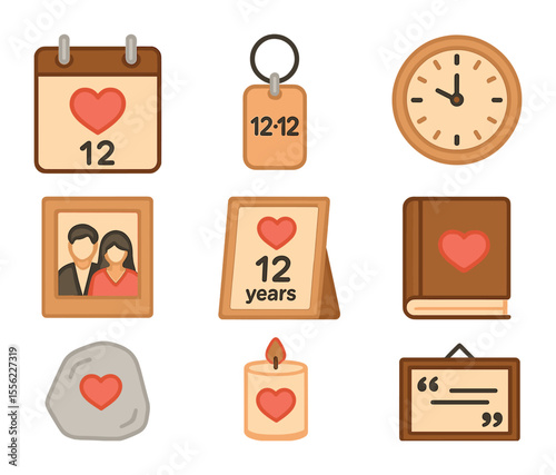 Wedding Gift Icons. Flat icon set of anniversary-inspired wedding gifts: calendar frame, date-engraved