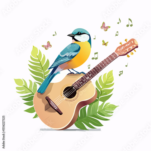 A bluebird sits on a guitar surrounded by leaves, butterflies, and music notes in a nature-inspired musical scene.