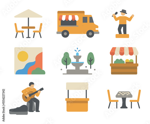 Urban Social Icons. Flat icon set of urban social spaces: outdoor cafe seating, food truck, street performer,