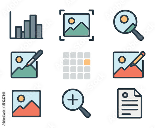 Image Analysis Icons. Flat icon set of image analysis software: image histogram, object detection box,