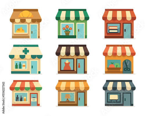 Neighborhood Retail Icons. Flat icon set of neighborhood retail variety: bakery, flower shop, bookstore,