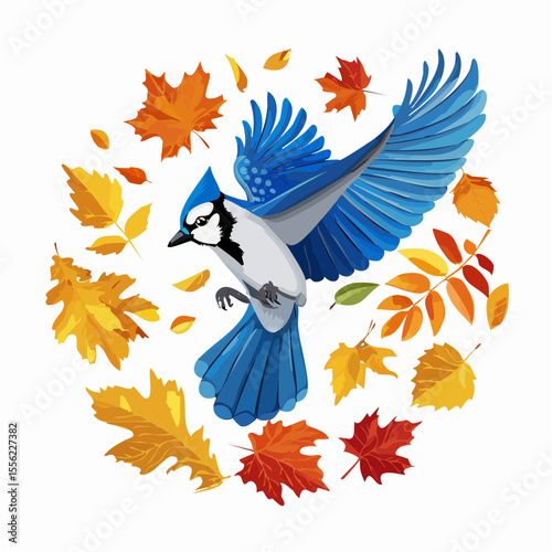 Graceful blue jay flying among vibrant autumn leaves, perfect for seasonal designs and nature-themed projects.