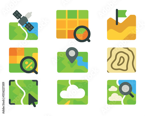 Satellite Analysis Icons. Flat icon set of satellite image analysis: satellite view, elevation grid, terrain