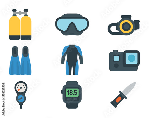 Diving Equipment Icons. Flat icon set of scuba diving equipment: oxygen tank, diving mask, regulator, flippers