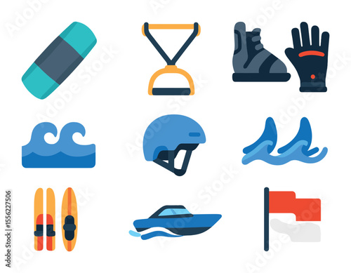 Watersport Icons Collection. Flat icon set of wakeboarding and waterskiing: wakeboard, tow rope, bindings,