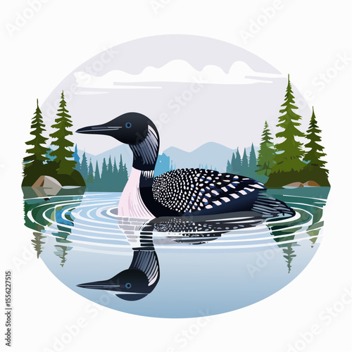 Graceful loon design swimming serenely on a tranquil lake surrounded by lush evergreen trees, ideal for nature-themed graphics.