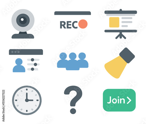 Webinar Tools Icons. Flat icon set of webinar tools: webinar camera, screen recording, presentation slide,