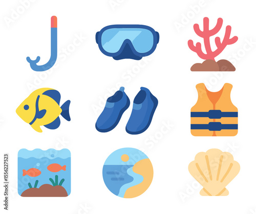 Snorkeling Icon Set. Flat icon set of snorkeling activities: snorkel tube, swim mask, coral reef, tropical