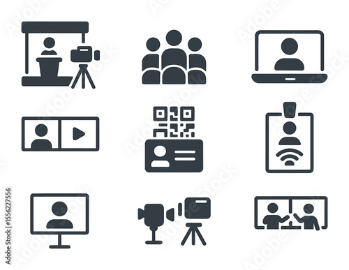 Hybrid Events Icons. Flat icon set of hybrid events: stage with camera, in-person audience, remote viewer,