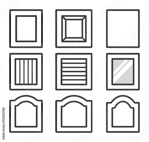 Cabinet Door Styles. Flat icon set of cabinet door styles: shaker door, raised panel, slab door, beadboard,