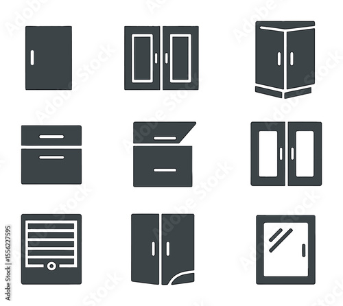Cabinet Door Icons. Flat icon set of cabinet door configurations: single door, double door, corner cabinet,