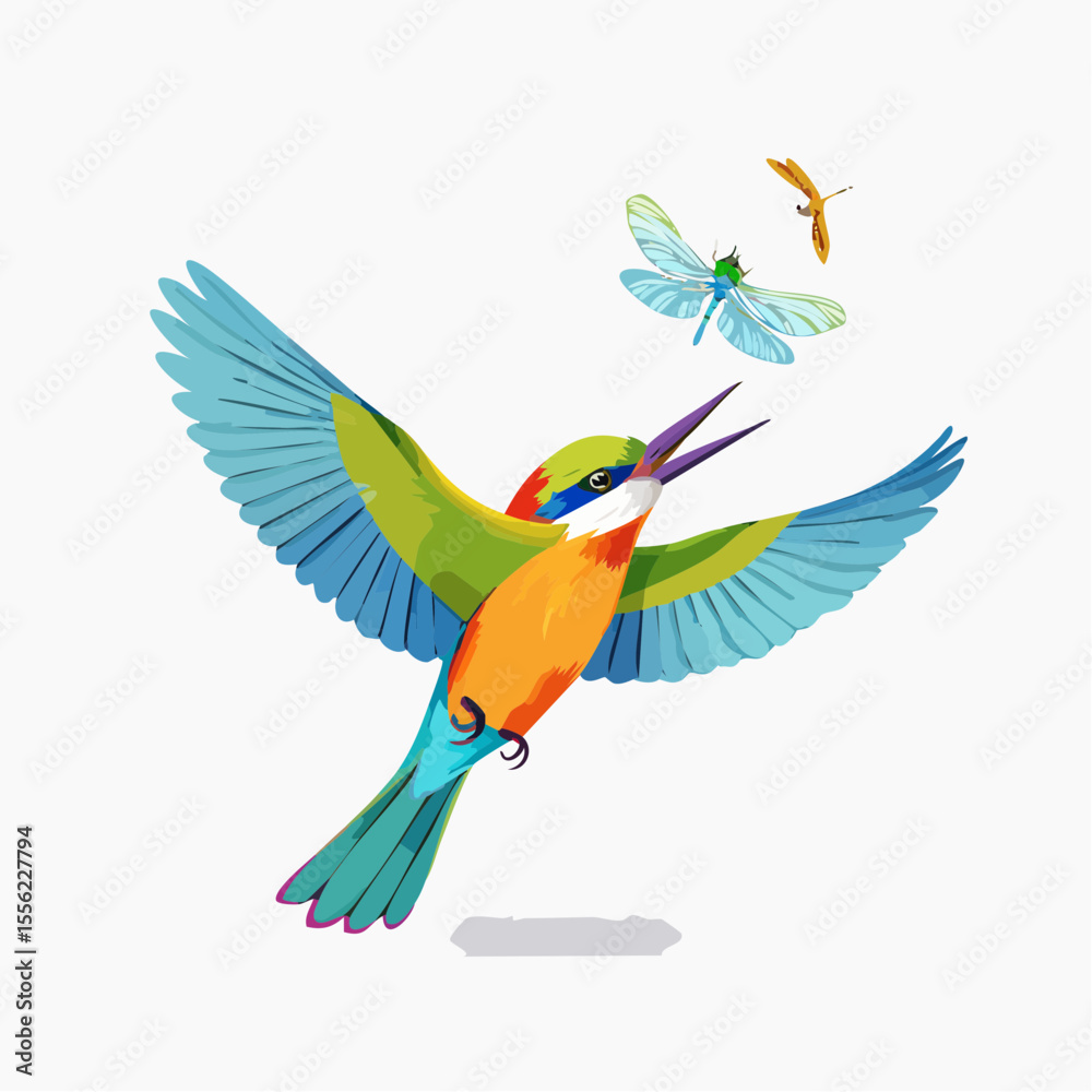 Fototapeta premium A vibrant bird design, featuring a colorful bee-eater in flight with stylized wings and dynamic dragonflies, perfect for wildlife projects.
