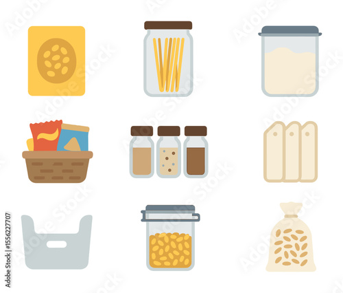 Pantry Organization Icons. Flat icon set of pantry organization: cereal box, pasta jar, flour container, snack