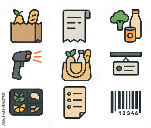 Grocery Icon Grid. Flat icon set of unpacking and sorting groceries: open bag, receipt, grouped items, item