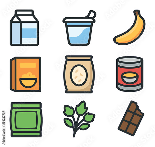 Food Icon Grid. Flat icon set of perishable vs non-perishable foods: milk carton, yogurt cup, banana, cereal
