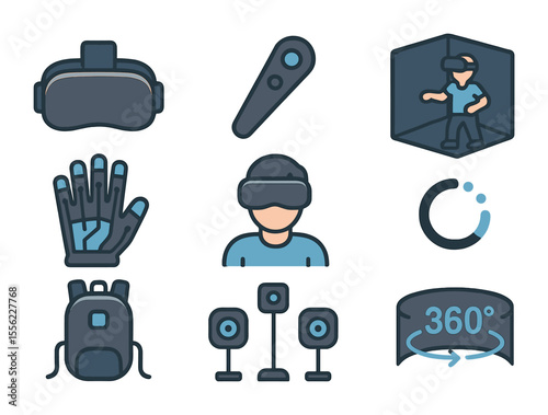 Virtual Reality Icons. Flat icon set of virtual reality gaming: VR headset, motion controller, immersive room,
