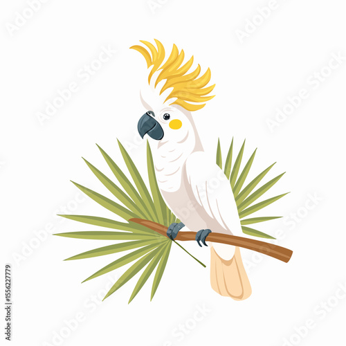 Cute tropical bird sitting on a tree branch in a cartoon illustration
